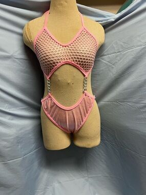 Pink Metallic Mesh One-Piece Exotic Dance Outfit with Chain Accents